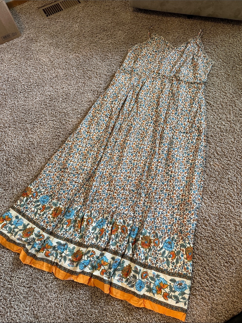 Floral Spaghetti Strap long Cami Maxi Dress in Cream with Blue & Orange Blooms